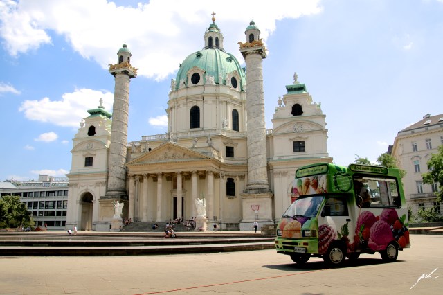 baroque church, karlskirche, ice truck in front of church, beautiful church