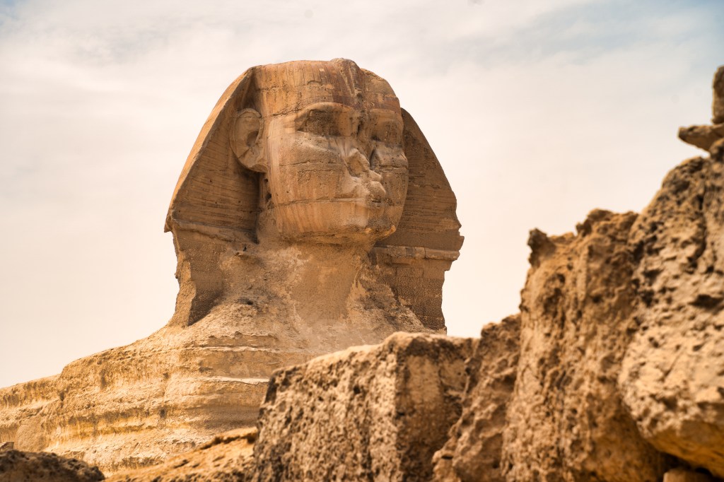 Close view of the Great Sphinx’s weathered face above rough stone walls.