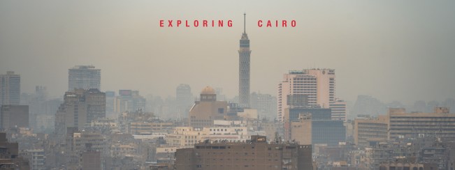 Cairo skyline with a minaret and the title Exploring Cairo.