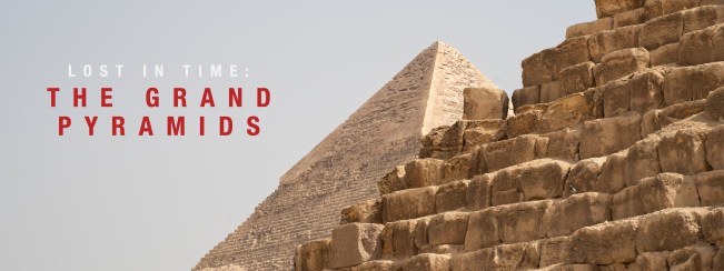 The Grand Pyramids title beside a pyramid and a close view of stepped stone blocks.