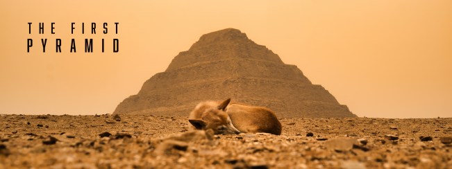 The First Pyramid title above a resting dog with the Step Pyramid in the distance.